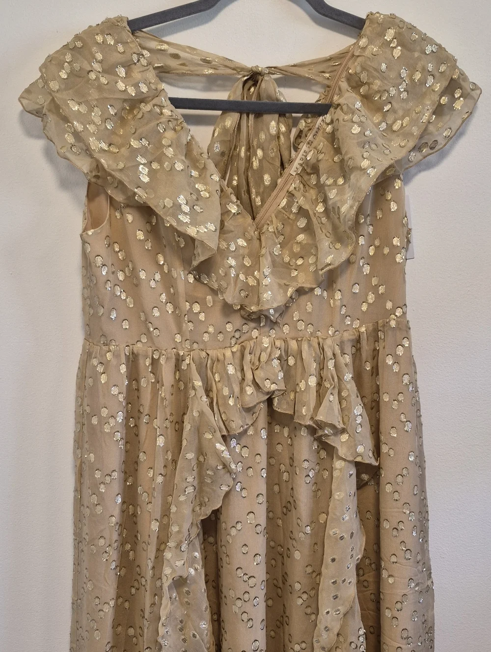 Marie Oliver Jayda Silk Maxi Dress Taupe Gold Ruffled Fairy Whimsy Sz 2 NEW $472